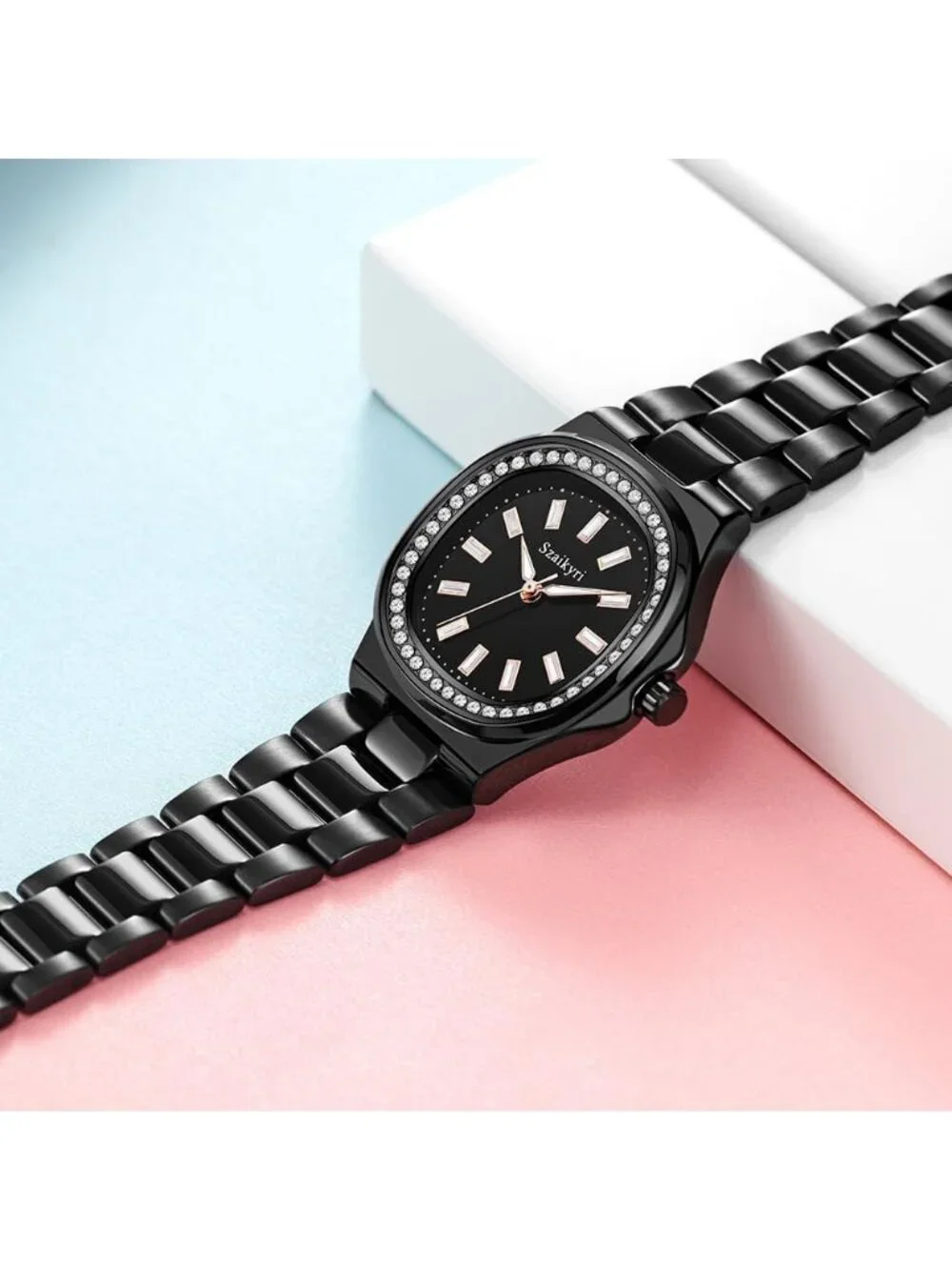 Women's Black Crystal Accented Solid Stainless Steel Band Dress Wrist Watch